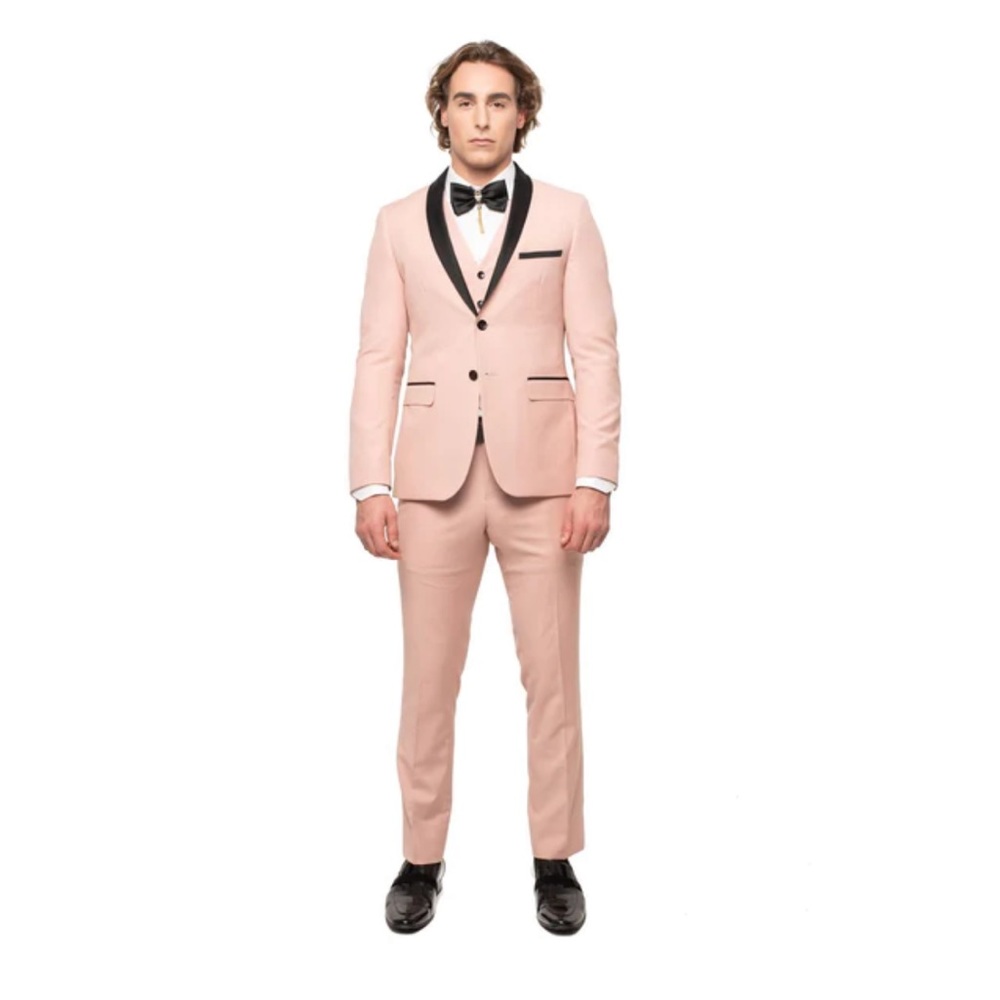 🆕 Blush Slim Fit Suit with Black Satin Lapel, Vest, & Slim Fit Flat Front Pants